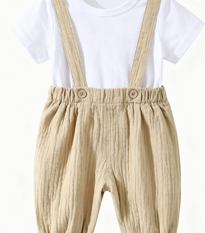 White short sleeved T-shirt and khaki textured overalls