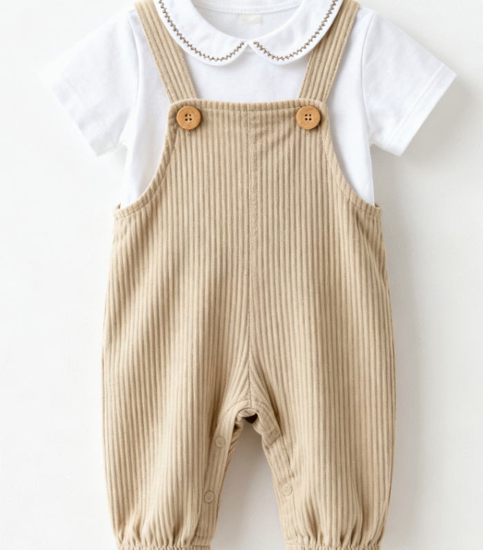 White doll neck short sleeved T-shirt and khaki corduroy overalls