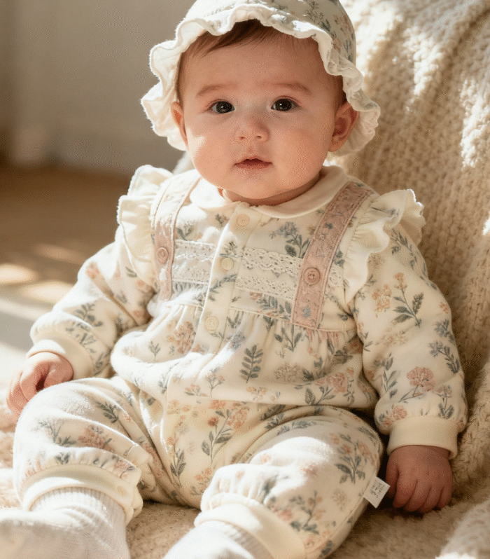Baby set includes printed jumpsuit and lace hat in the same style