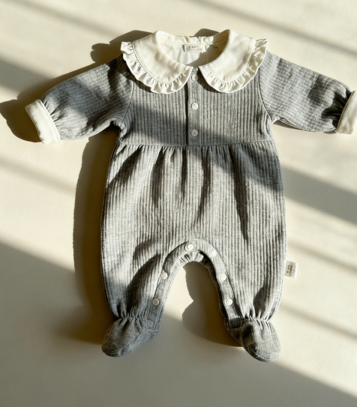 Infant and toddler jumpsuit with gray and white stripes
