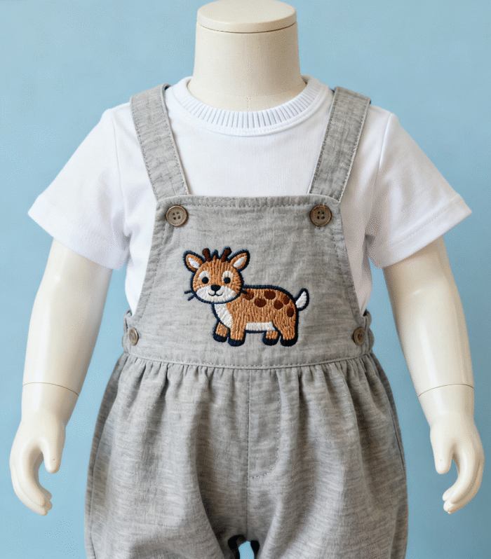 The baby set includes a white short sleeved T-shirt and gray overalls