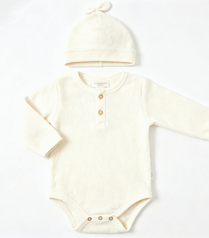 The newborn set includes a beige bag jacket and a same color knitted hat