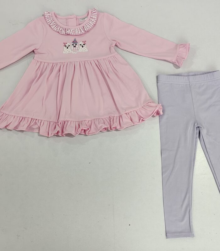 The infant set includes a pink dress and light purple leggings