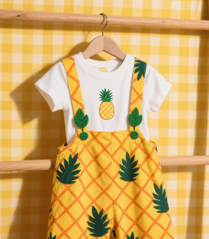 The baby and toddler set includes a white short-sleeved T-shirt and a pineapple-themed onesie