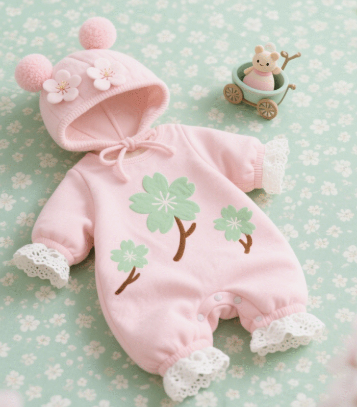Baby jumpsuit with cherry blossom print