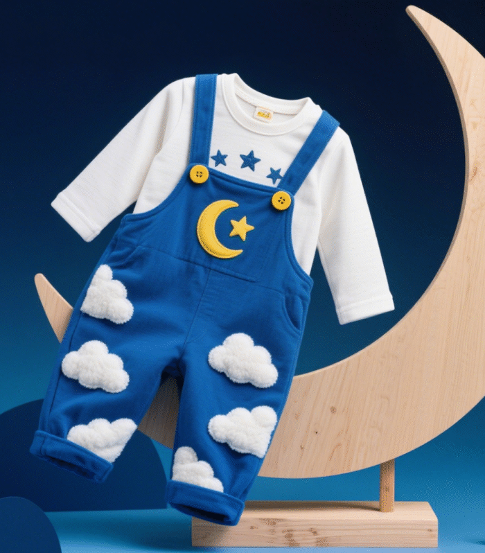 The baby set includes a white long sleeved T-shirt and starry sky themed overalls