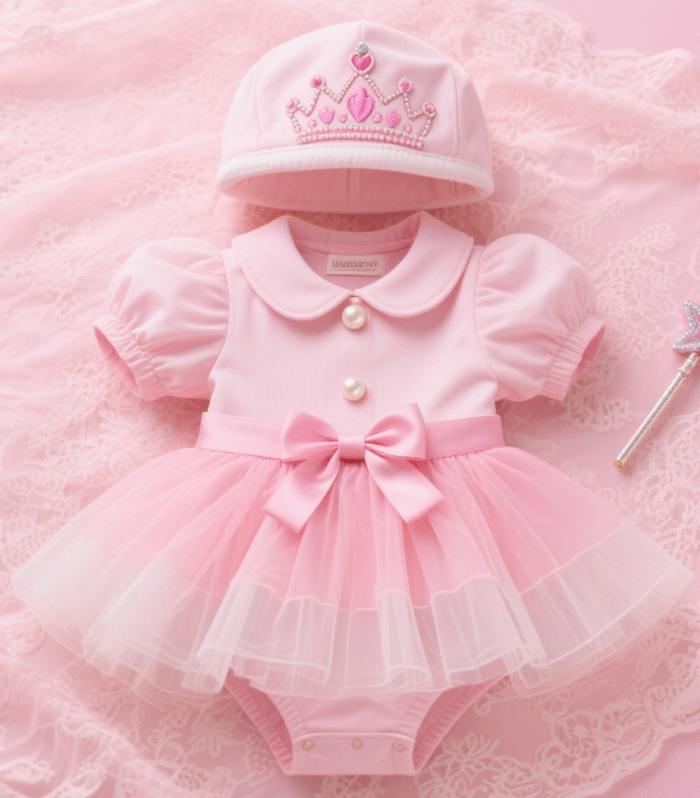 Baby princess style set includes a pink mixed bag fart jumpsuit and a crown hat