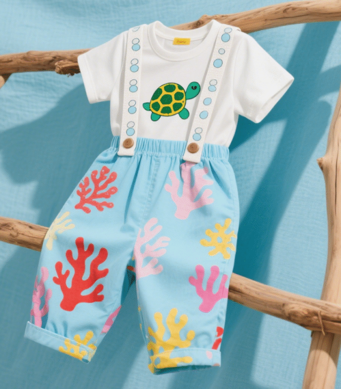 The baby set includes a white short sleeved T-shirt and turtle themed overalls