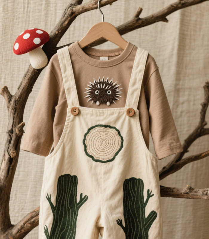 Baby set includes khaki long sleeved T-shirt and forest themed overalls