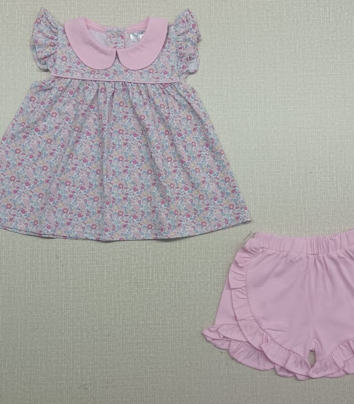 Floral Peter Pan Collar Flutter Sleeve & Ruffle Shorts Set