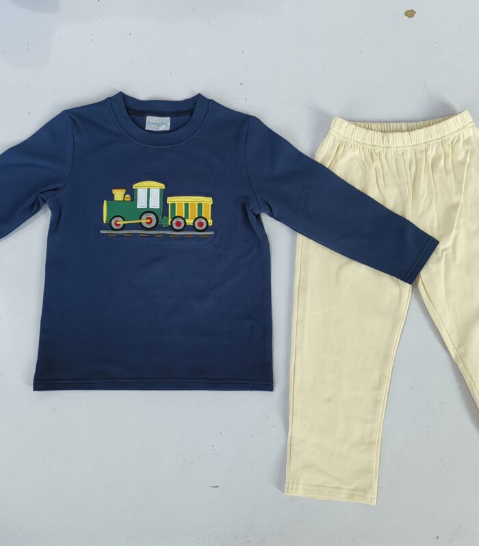 Boys Navy Train Appliqué Cotton 2-Piece Loungewear Set