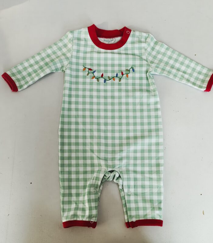 Baby Christmas Lights Embroidered Gingham Romper