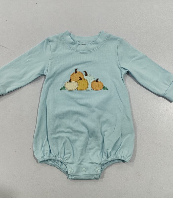 Pumpkin Patch Applique Light Blue Long Sleeve Romper