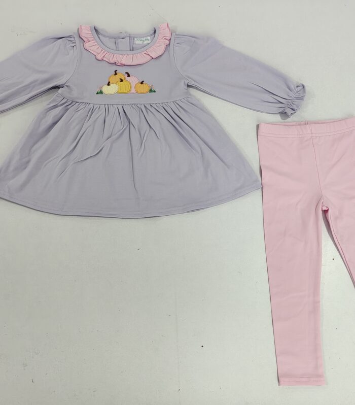 Lavender Pumpkin Applique Ruffle Collar & Pink Leggings Set