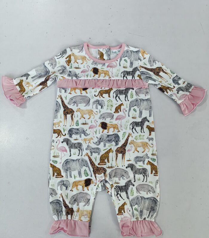 Safari Animal Print Ruffle Trim Long Sleeve Romper