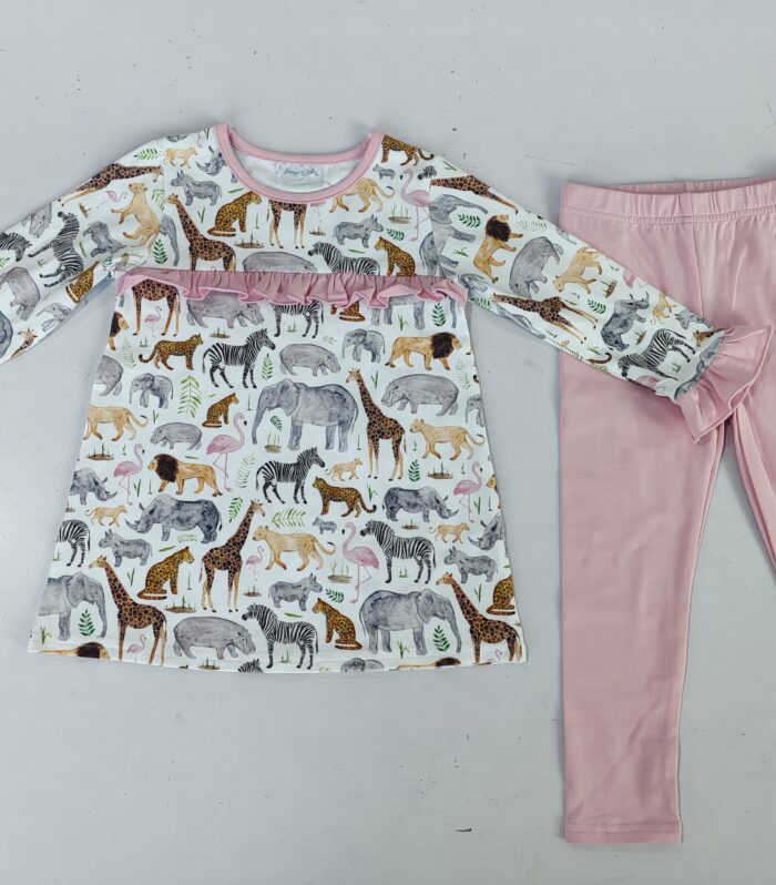 Safari Animal Print Ruffle Top & Solid Leggings Set