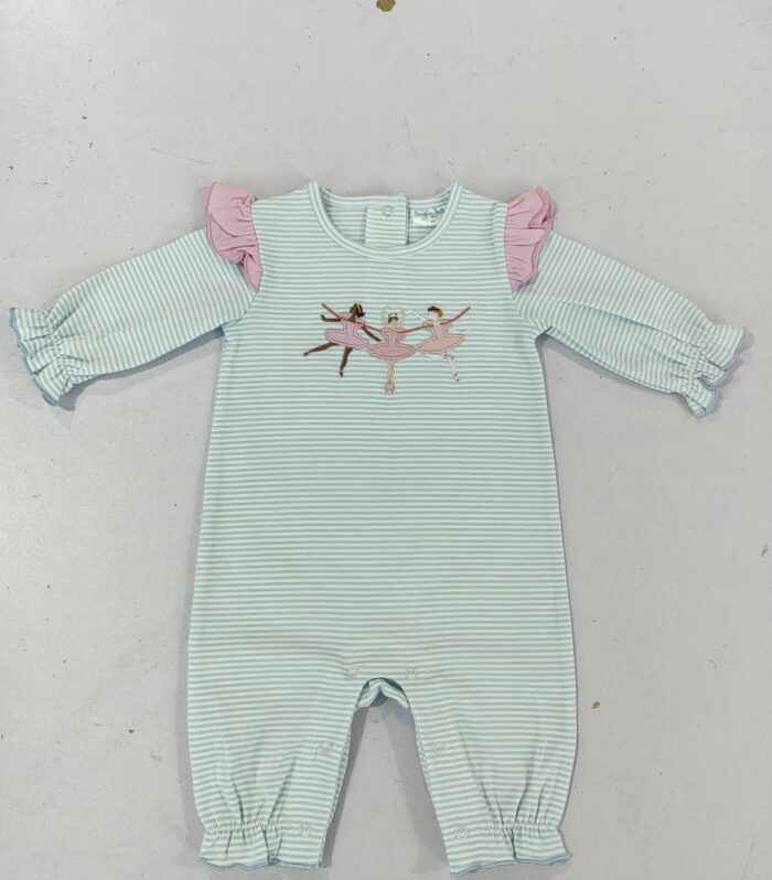 Mint Striped Ballerina Applique Long Sleeve Romper