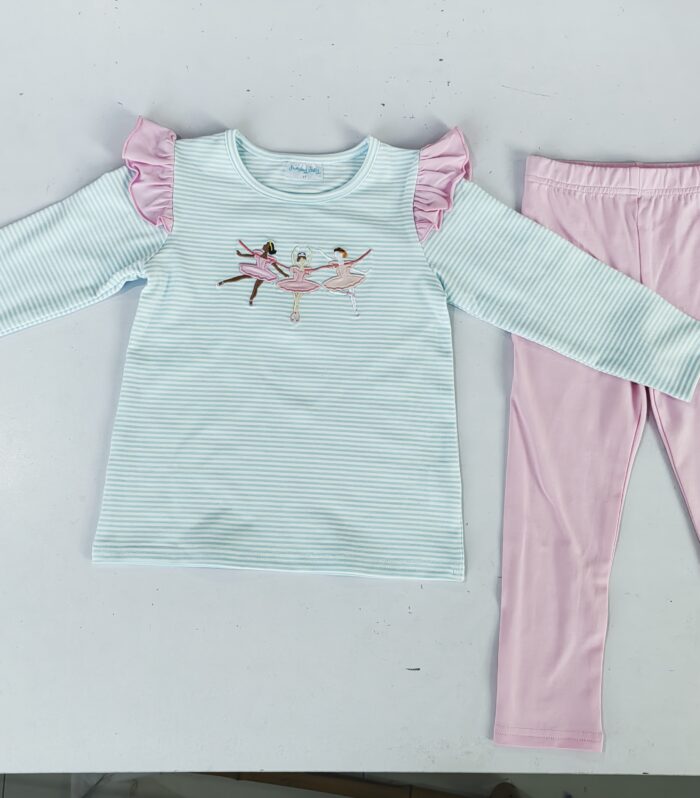 Mint Striped Ballerina Embroidered Ruffle Shoulder Set