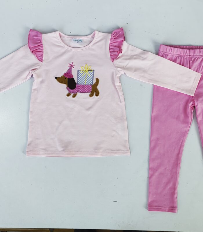 Girls Pink Dachshund Ruffle Sleeve Outfit