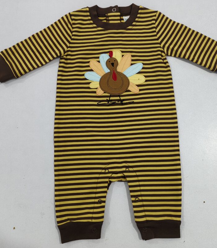 Turkey Applique Brown & Yellow Striped Long Sleeve Romper