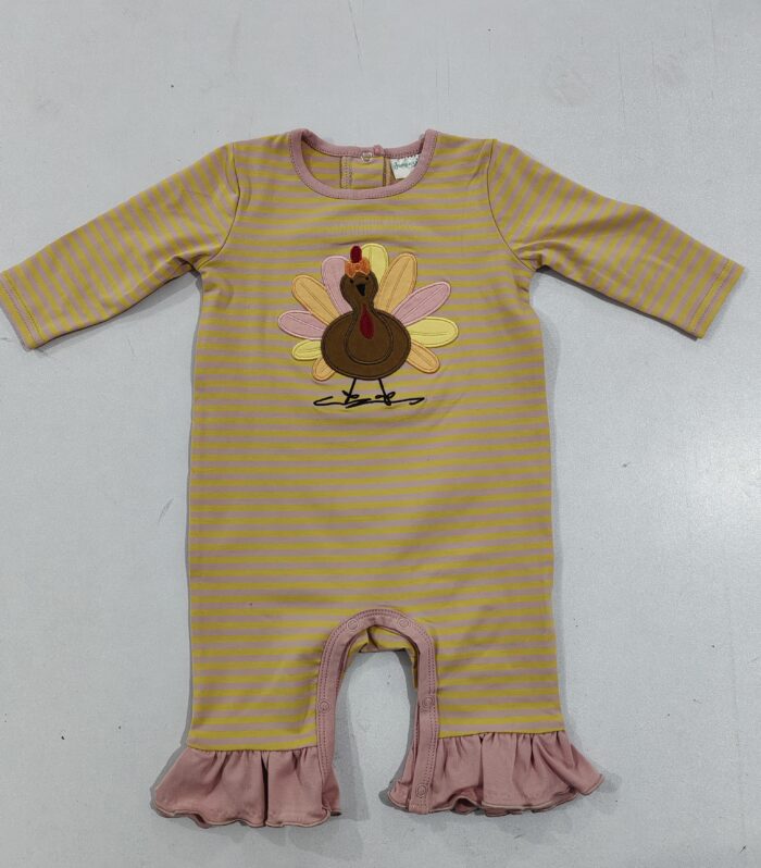 Turkey Applique Yellow Pink Striped Long Sleeve Romper
