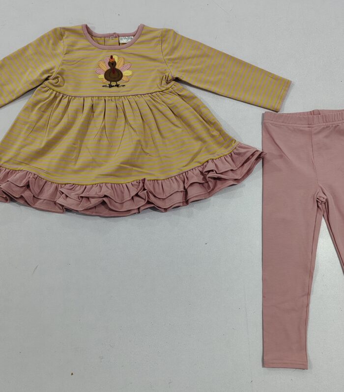 Yellow Stripe Turkey Appariael & Ruffle Hem Leggings Set