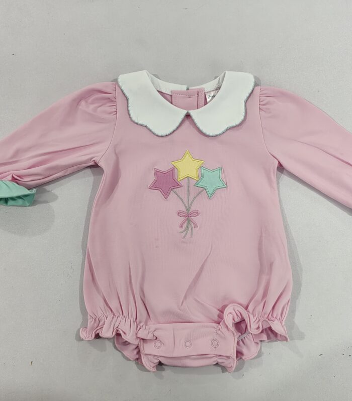 Star Balloon Applique Pink Ruffle Sleeve Romper