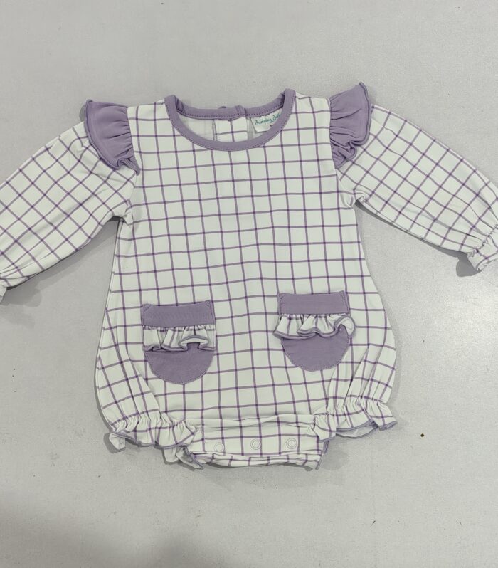Lavender Grid Print Ruffle Pocket Bubble Romper