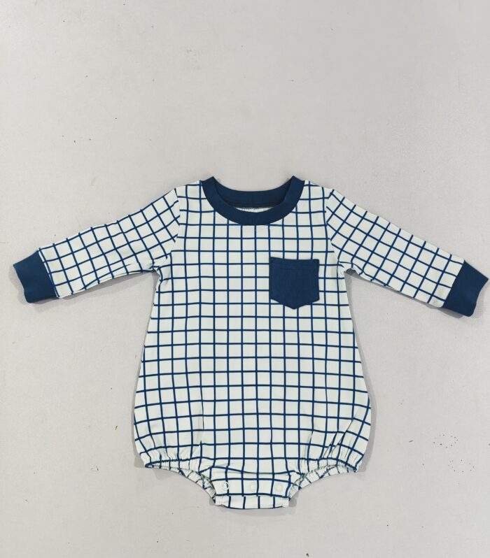 Navy Grid Print Pocket Neutral Bubble Romper