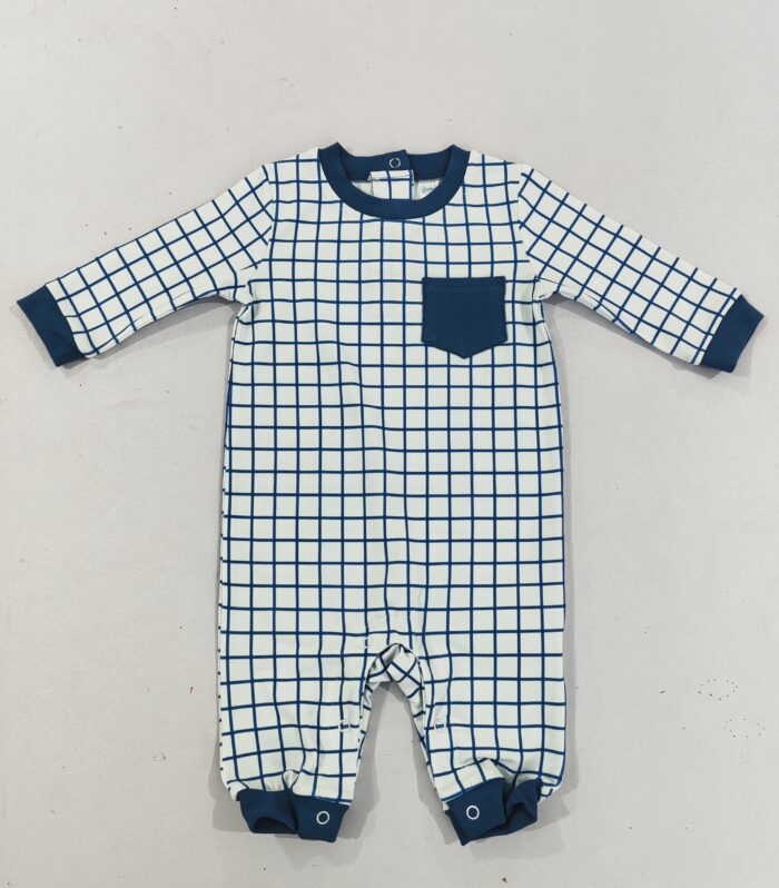 Baby Boy Blue Grid Print Romper with Pocket