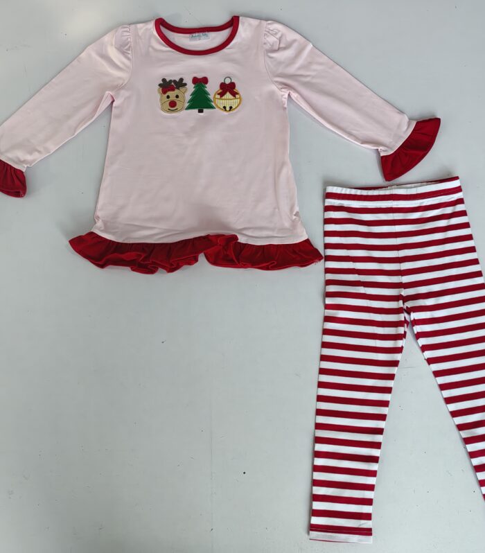 Girl’s Pink Christmas Reindeer Ruffle Two-Piece Outfit