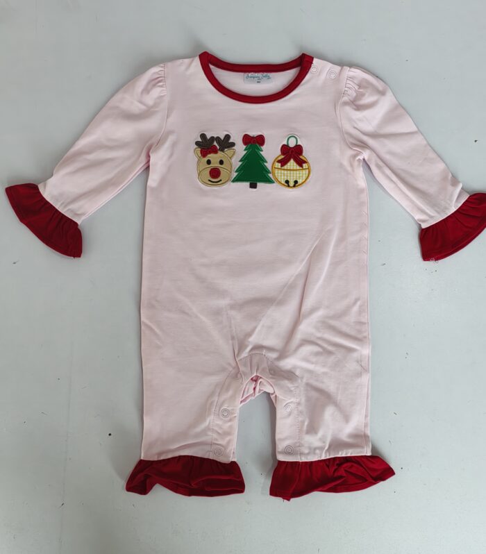 Baby Girl Christmas Reindeer Applique Ruffle Romper