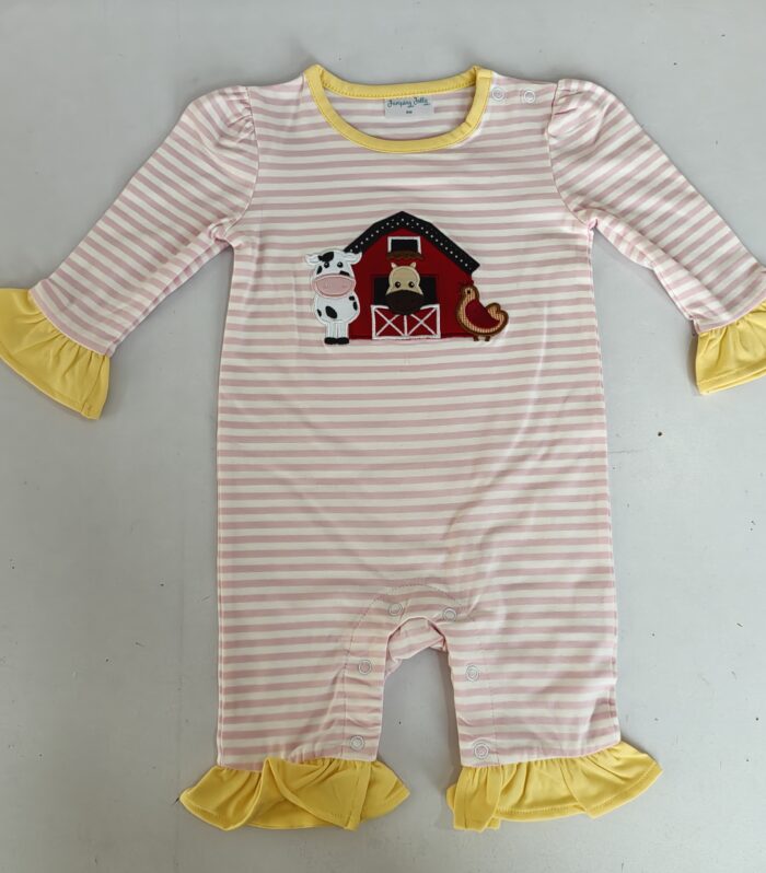 Baby Girl Farm Animal Applique Striped Romper