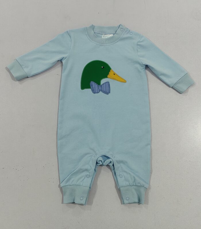 Mallard Duck with Bow Tie Applique Light Blue Romper