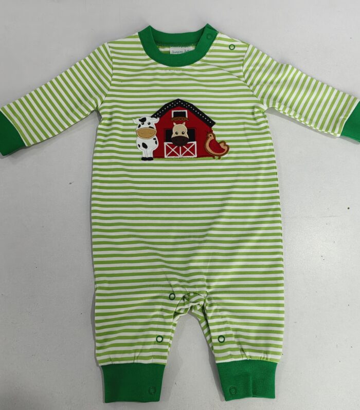 Farm Animal Barn Applique Green & White Striped Romper