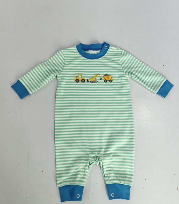 Construction Vehicle Applique Mint Striped Romper