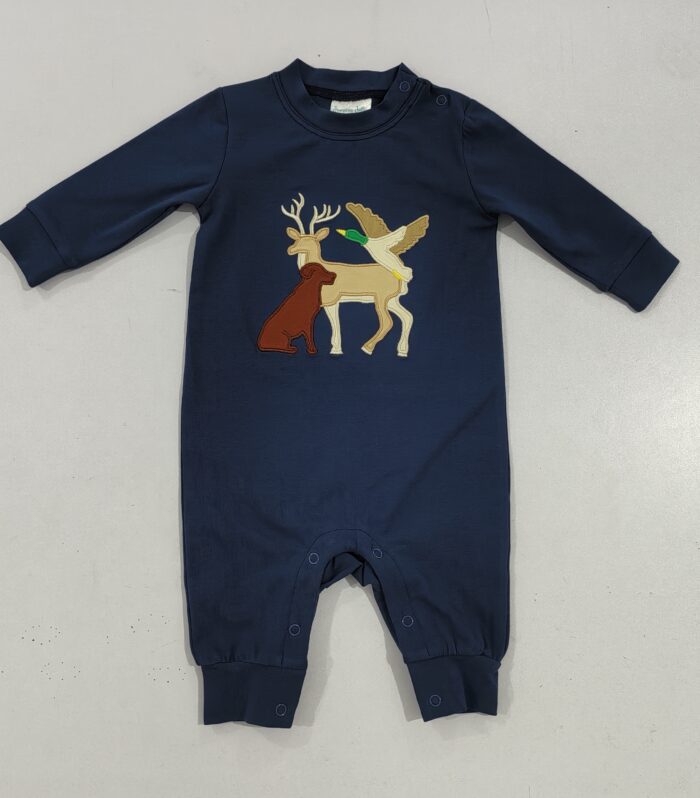 Hunting Animal Trio Applique Navy Solid Romper