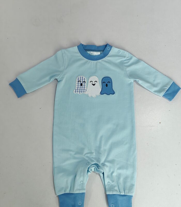Ghost Applique Light Blue Solid Long Sleeve Romper