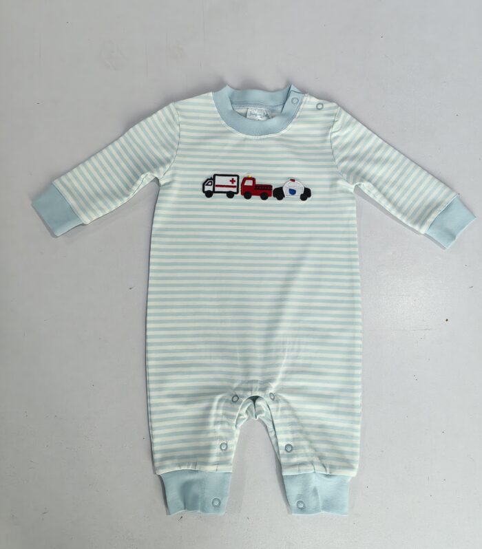 Rescue Vehicle Applique Light Blue Striped Long Sleeve Romper