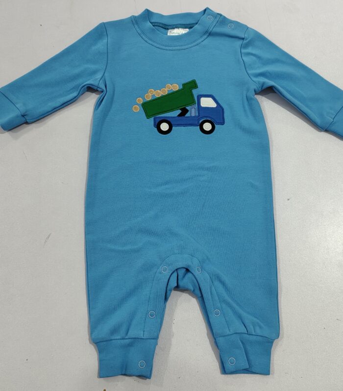 Dump Truck Applique Solid Blue Long Sleeve Romper