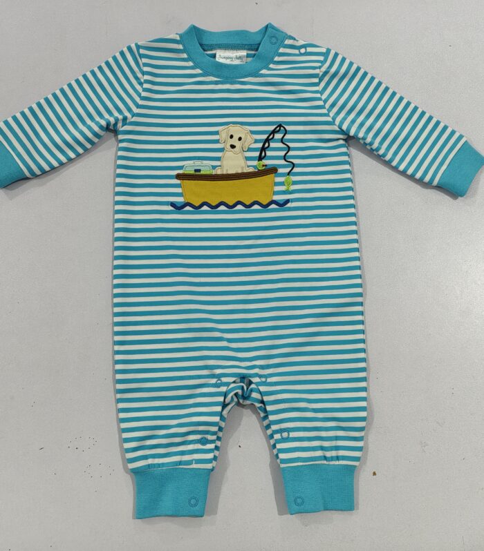 Fishing Dog Applique Teal & White Striped Long Sleeve Romper