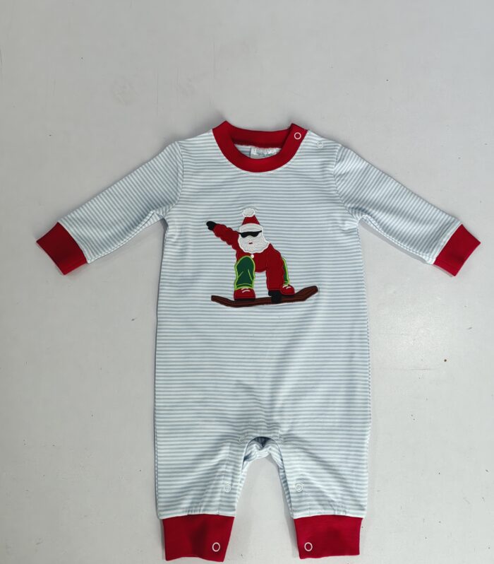 Snowboarding Santa Applique Light Blue Striped Long Sleeve Romper