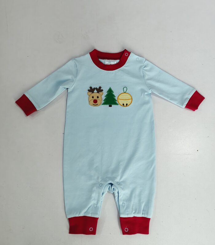 Christmas Reindeer & Tree Applique Light Blue Long Sleeve Romper