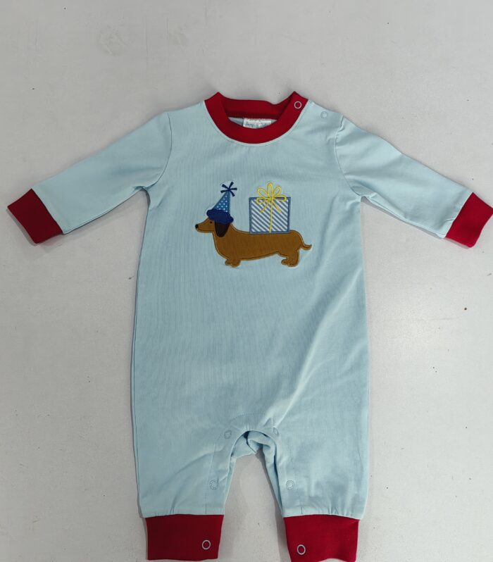 Birthday Dachshund Applique Light Blue Romper with Red Trim