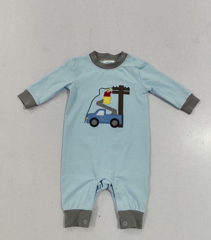 Lineman Truck Applique Light Blue Romper with Grey Trim