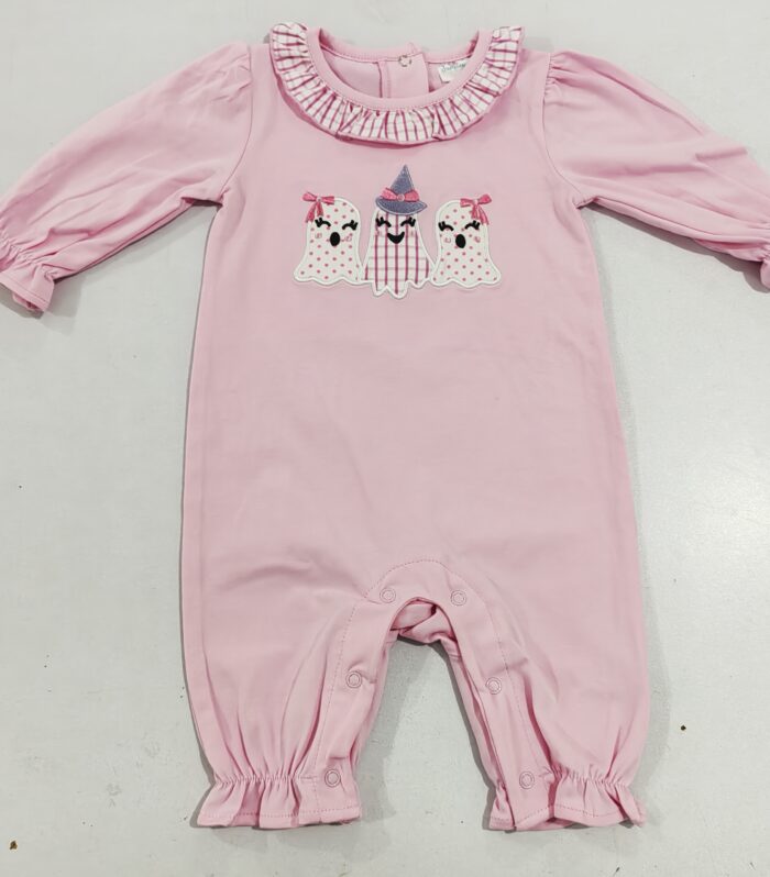 Cute Ghost Trio Applique Pink Ruffle Romper