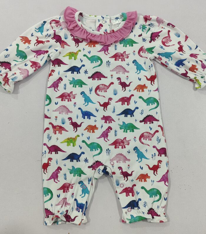 Watercolor Dinosaur Print Pink Ruffle Romper