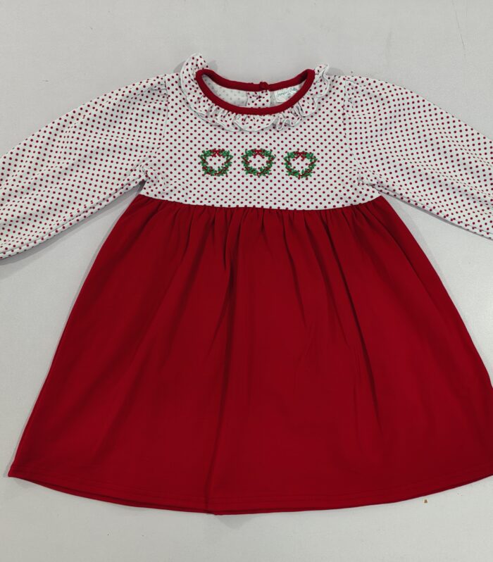 Red & White Polka Dot Christmas Wreath Embroidered Dress