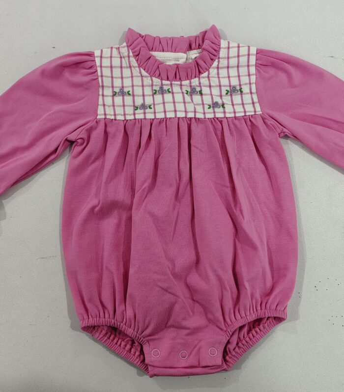 Solid Pink Floral Embroidered Ruffle Neck Bubble Romper