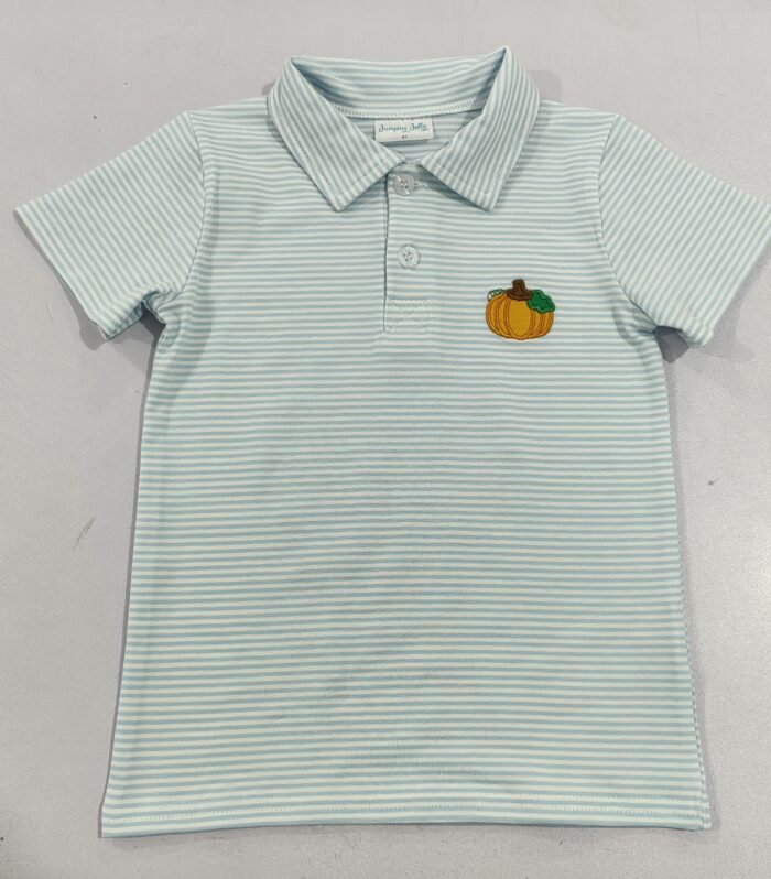 Light Blue Striped Pumpkin Embroidery Kids Polo Shirt